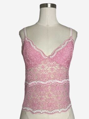 Love Tanjane Pink floral lace sheer cami tank stretch kawaii coquette Y2K M